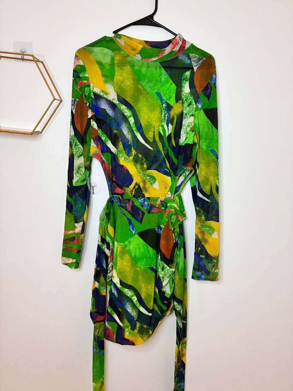 Fashion Nova Green Abstract Print Mesh Long Sleeve Cutout Dress